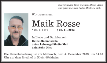 Todesanzeige von Maik Rosse von Offenbach