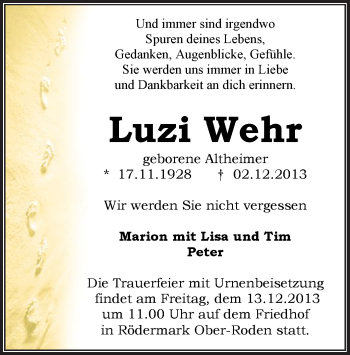 Todesanzeige von Luzi Wehr von Offenbach