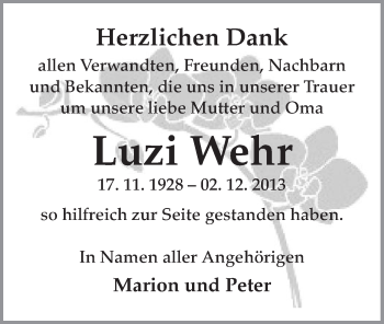 Todesanzeige von Luzi Wehr von Offenbach