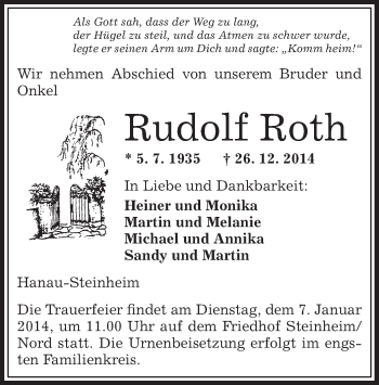 Todesanzeige von Rudolf Roth von Offenbach
