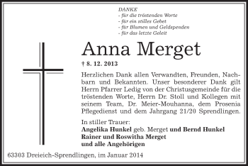 Todesanzeige von Anna Merget von Offenbach
