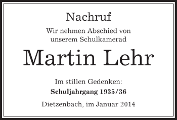 Todesanzeige von Martin Lehr von Offenbach