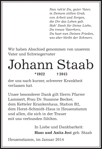 Todesanzeige von Johann Staab von Offenbach