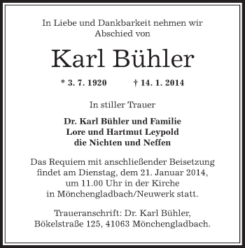 Todesanzeige von Karl Bühler von Offenbach