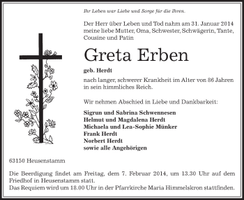 Todesanzeige von Greta Erben von Offenbach