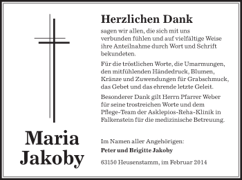 Todesanzeige von Maria Jakoby von Offenbach
