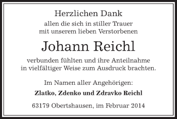 Todesanzeige von Johann Reichl von Offenbach