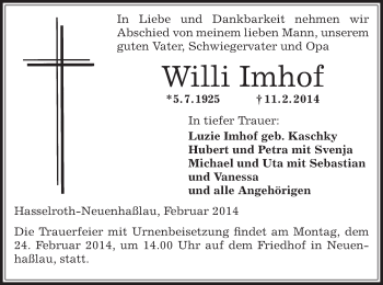 Todesanzeige von Willi Imhof von Offenbach