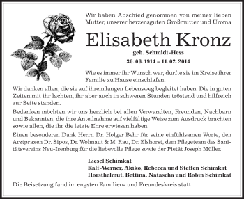 Todesanzeige von Elisabeth Konz von Offenbach