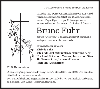 Todesanzeige von Bruno Fuhr von Offenbach