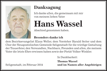 Todesanzeige von Hans Wassel von Offenbach
