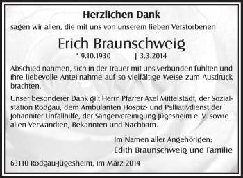 Todesanzeige von Erich Braunschweig von Offenbach