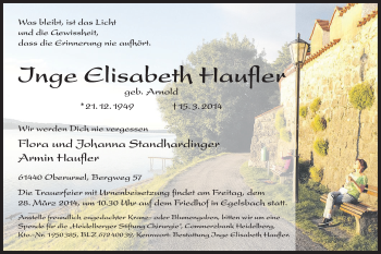 Todesanzeige von Inge Elisabeth Haufler von Offenbach
