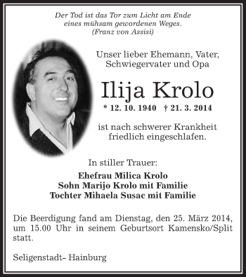 Todesanzeige von Ilija Krolo von Offenbach