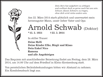 Todesanzeige von Arnold Schwab von Offenbach