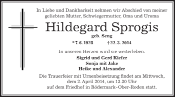 Todesanzeige von Hildegard Sprogis von Offenbach
