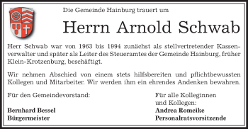 Todesanzeige von Arnold Schwab von Offenbach