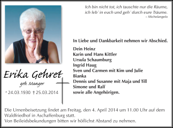 Todesanzeige von Erika Gehret von Offenbach