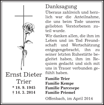 Todesanzeige von Ernst Dieter Trier von Offenbach