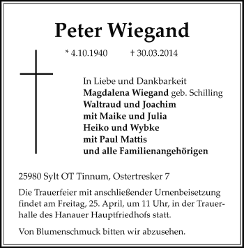 Todesanzeige von Peter Wiegand von Offenbach