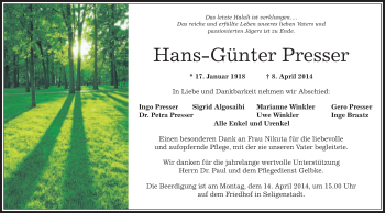 Todesanzeige von Hans Günter Presser von Offenbach