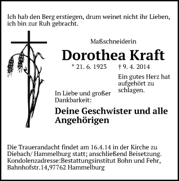 Todesanzeige von Dorothea Kraft von Offenbach
