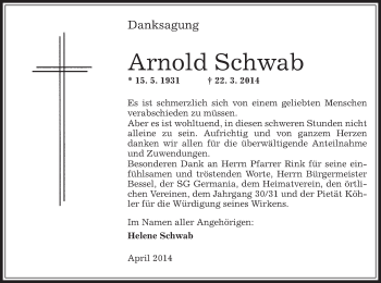 Todesanzeige von Arnold Schwab von Offenbach