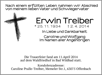 Todesanzeige von Erwin Treiber von Offenbach