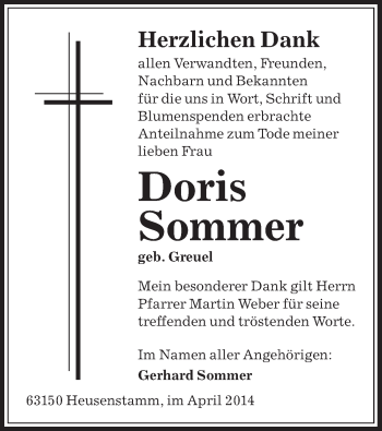 Todesanzeige von Doris Sommer von Offenbach