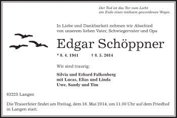 Todesanzeige von Edgar Schöppner von Offenbach