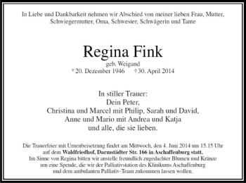 Todesanzeige von Regina Fink von Offenbach