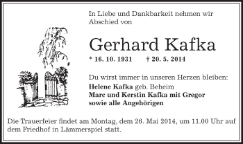 Todesanzeige von Gerhard Kafka von Offenbach