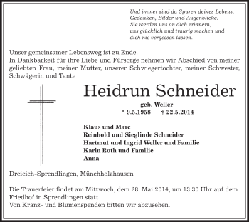 Todesanzeige von Heidrun Schneider von Offenbach
