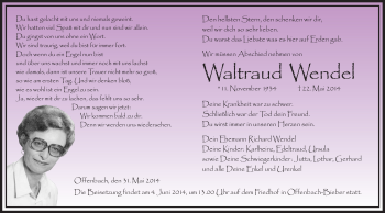 Todesanzeige von Waitraucl Wendel von Offenbach