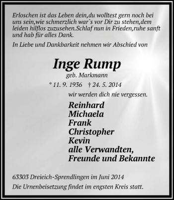 Todesanzeige von Inge Rump von Offenbach