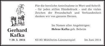 Todesanzeige von Gerhard Kafka von Offenbach