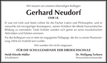 Todesanzeige von Gerhard Neudorf von Offenbach