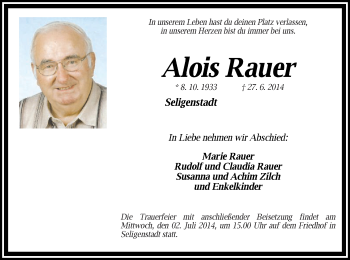 Todesanzeige von Alois Rauer von Offenbach