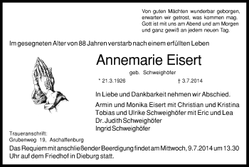 Todesanzeige von Annemarie Eisert von Offenbach