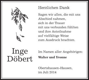 Todesanzeige von Inge Döbert von Offenbach