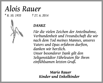 Todesanzeige von Alois Rauer von Offenbach