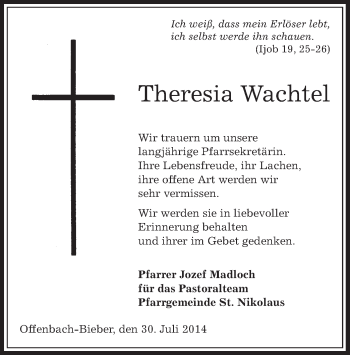 Todesanzeige von Theresia Wachtel von Offenbach