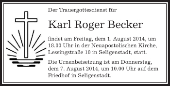 Todesanzeige von Karl Roger Becker von Offenbach