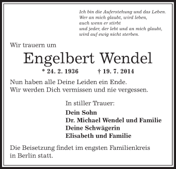 Todesanzeige von Engelbert Wendel von Offenbach