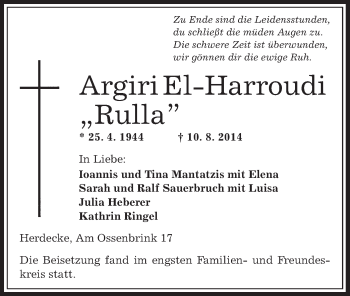 Todesanzeige von Argiri El-Harroudi von Offenbach