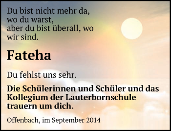 Todesanzeige von Fateha  von Offenbach