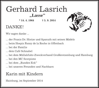 Todesanzeige von Gerhard Lasrich von Offenbach