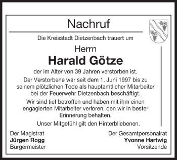 Todesanzeige von Harald Götze von Offenbach