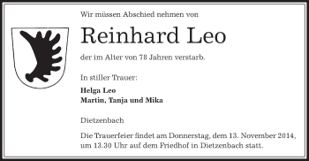 Todesanzeige von Reinhard Leo von Offenbach