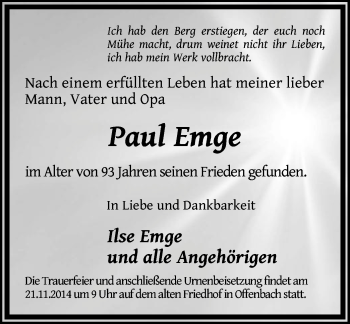 Todesanzeige von Paul Emge von Offenbach